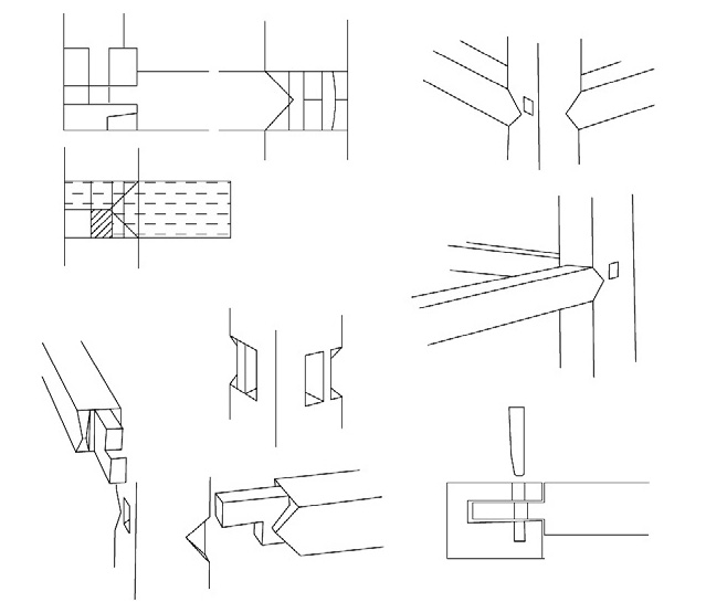 材内锲和榫（苏作称：割尖来去出榫加梢钉）非遗技艺榫卯结构示意图